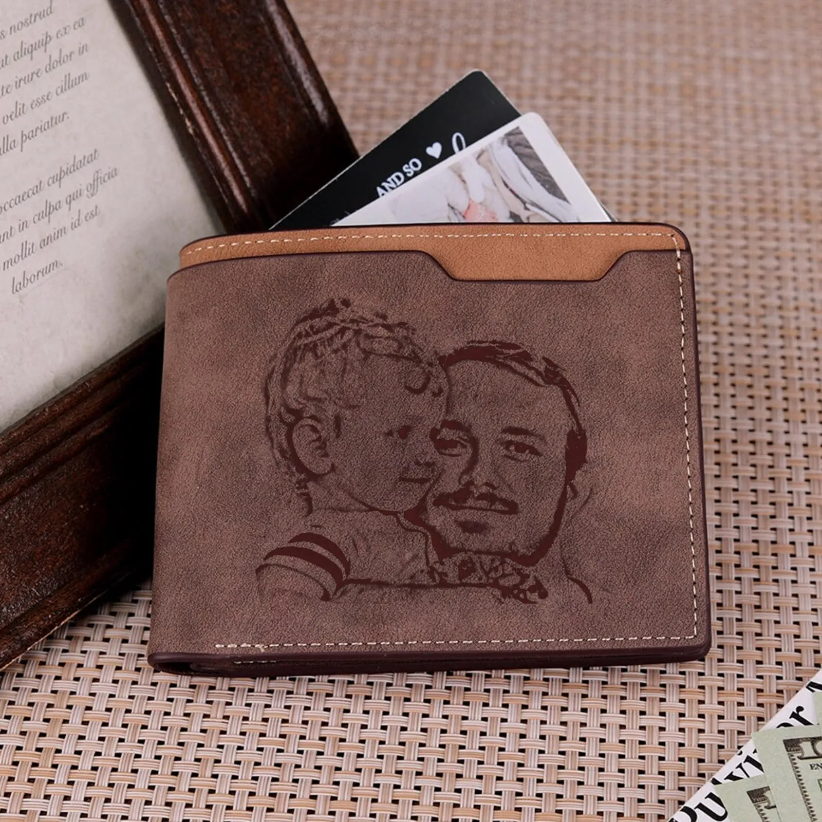 Cupike Custom Personalized Leather Bifold Wallet, Engraved with Photo & Name Initials