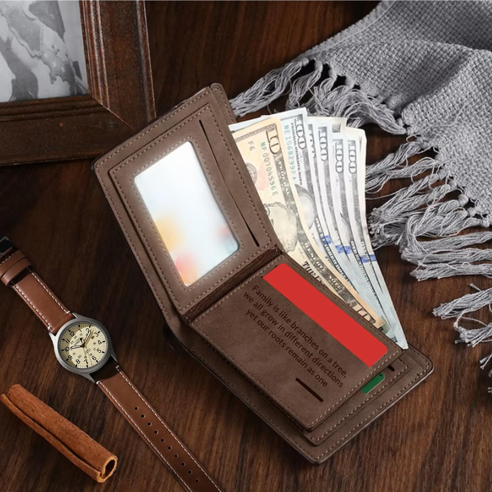 Cupike Custom Personalized Leather Bifold Wallet, Engraved with Photo & Name Initials