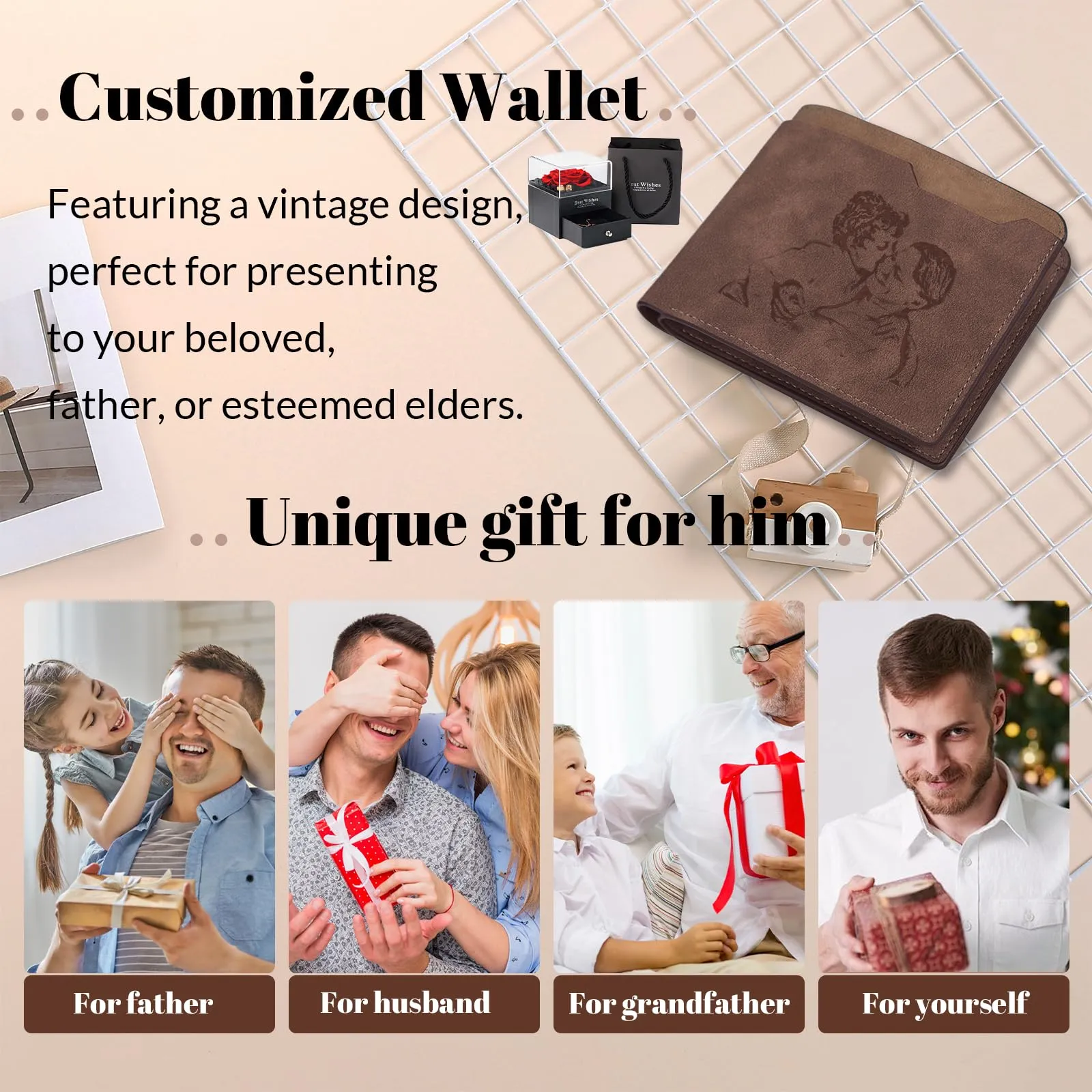 Cupike Custom Personalized Leather Bifold Wallet, Engraved with Photo & Name Initials