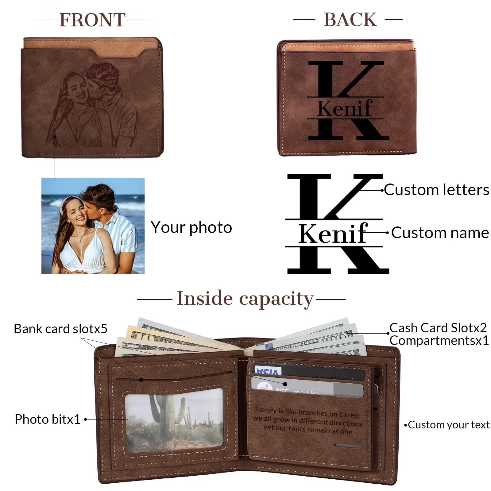 Cupike Custom Personalized Leather Bifold Wallet, Engraved with Photo & Name Initials