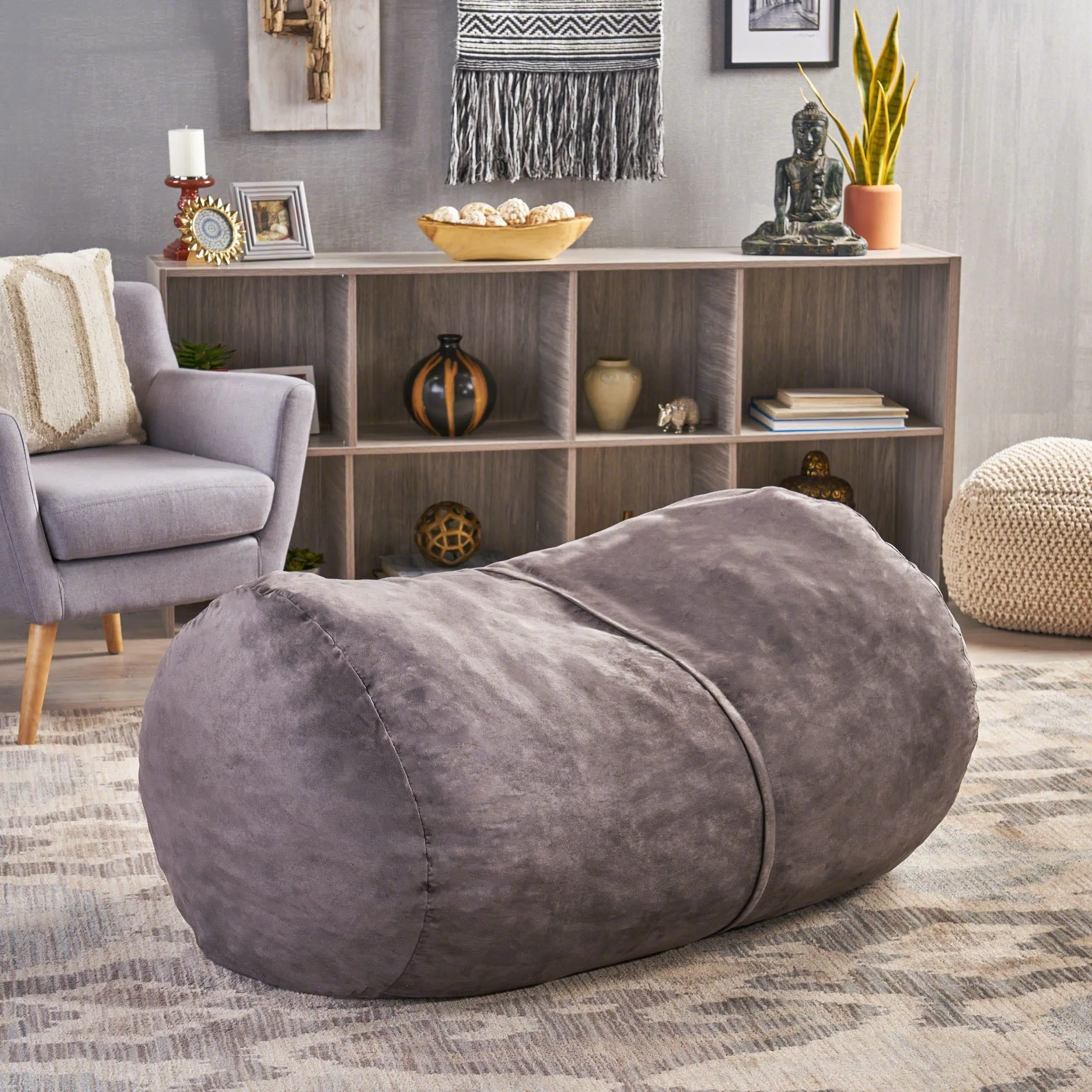 Cylindrical Suede Bean Bag with Polyester Softness and Comfort Tan