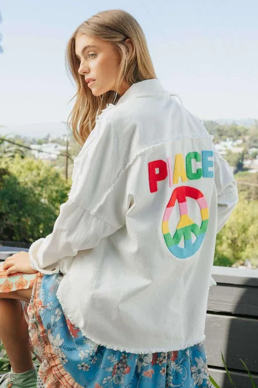 Davi & Dani Multi Color Lettering Peace Symbol Button Up Shirt