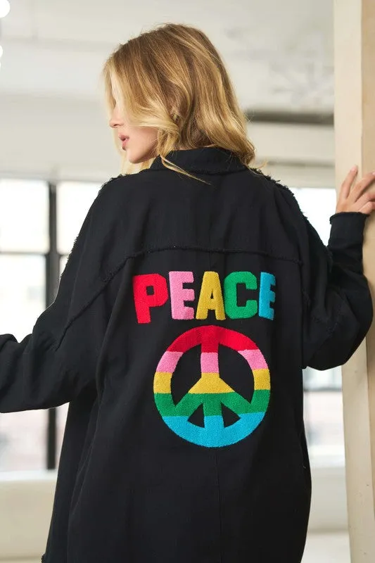Davi & Dani Multi Color Lettering Peace Symbol Button Up Shirt