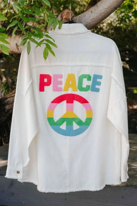 Davi & Dani Multi Color Lettering Peace Symbol Button Up Shirt