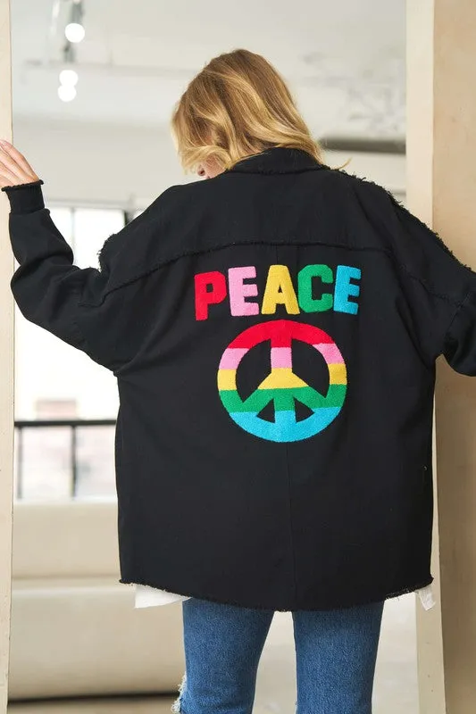 Davi & Dani Multi Color Lettering Peace Symbol Button Up Shirt