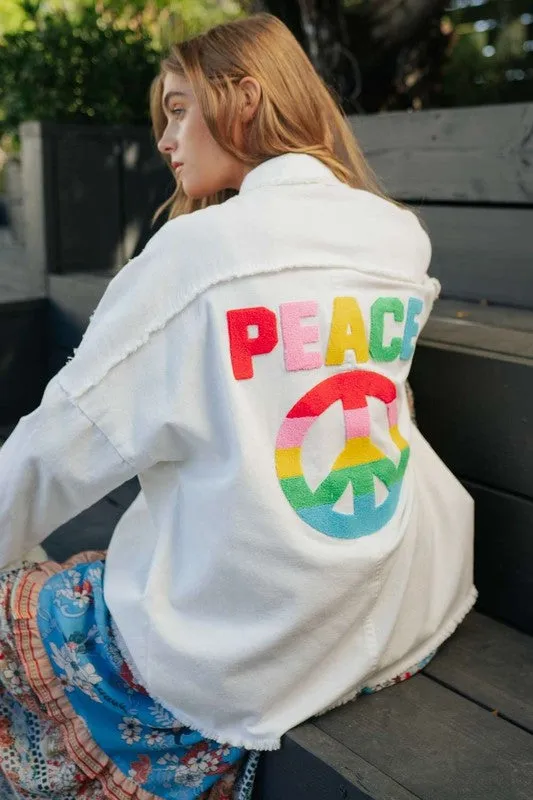 Davi & Dani Multi Color Lettering Peace Symbol Button Up Shirt