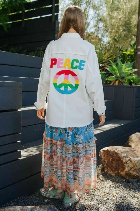 Davi & Dani Multi Color Lettering Peace Symbol Button Up Shirt