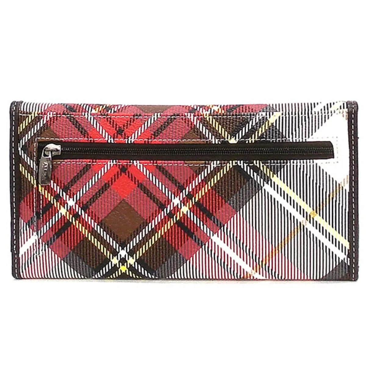 Designer inspired brown red multi colors checker plaid woman L checkbook wallet