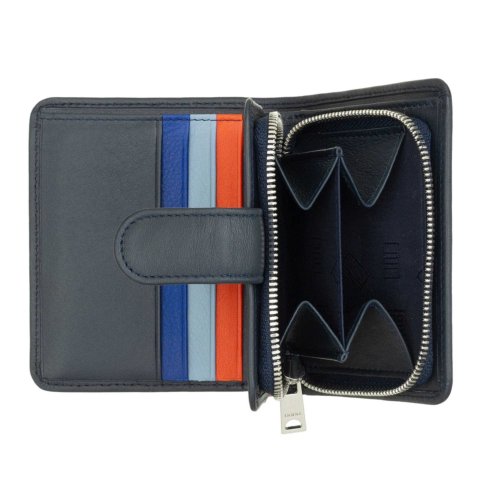 Dudu small leather wallet with zipper door, compact handbag portfolio with button closure, banknotes, card holder and RFID protection