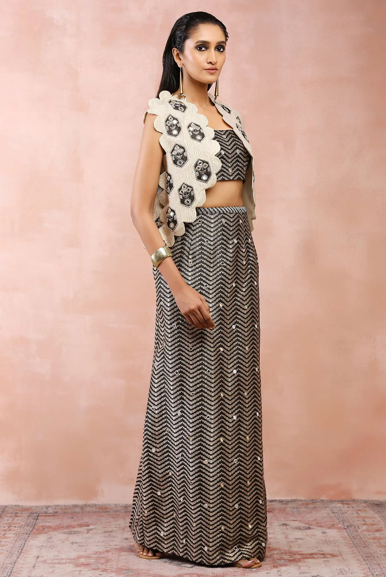 DULL GOLD EMBROIDERED JACKET WITH BLACK BROCADE BUSTIER AND SKIRT