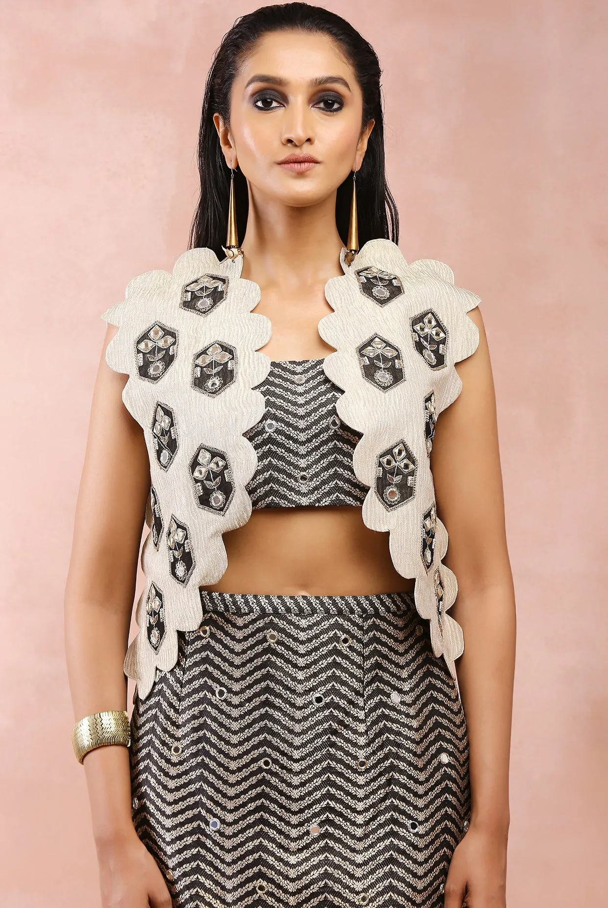 DULL GOLD EMBROIDERED JACKET WITH BLACK BROCADE BUSTIER AND SKIRT