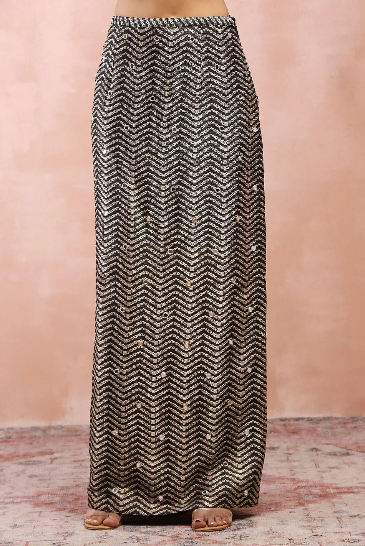 DULL GOLD EMBROIDERED JACKET WITH BLACK BROCADE BUSTIER AND SKIRT
