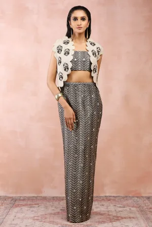 DULL GOLD EMBROIDERED JACKET WITH BLACK BROCADE BUSTIER AND SKIRT