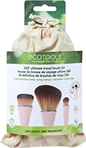 EcoTools 360 Ultimate Compact Hemp Makeup Brush Set with   Makeup Travel Bag, Set of 3 Brushes