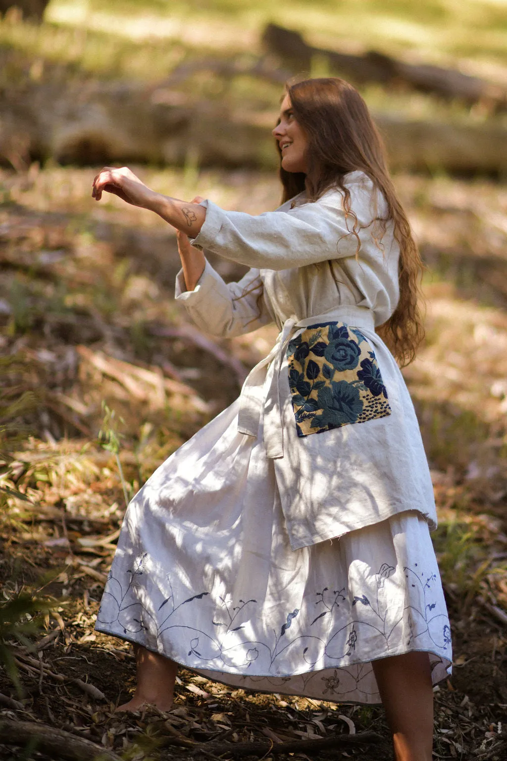 Ecru Embroidered Linen/ Hemp Duster Jacket