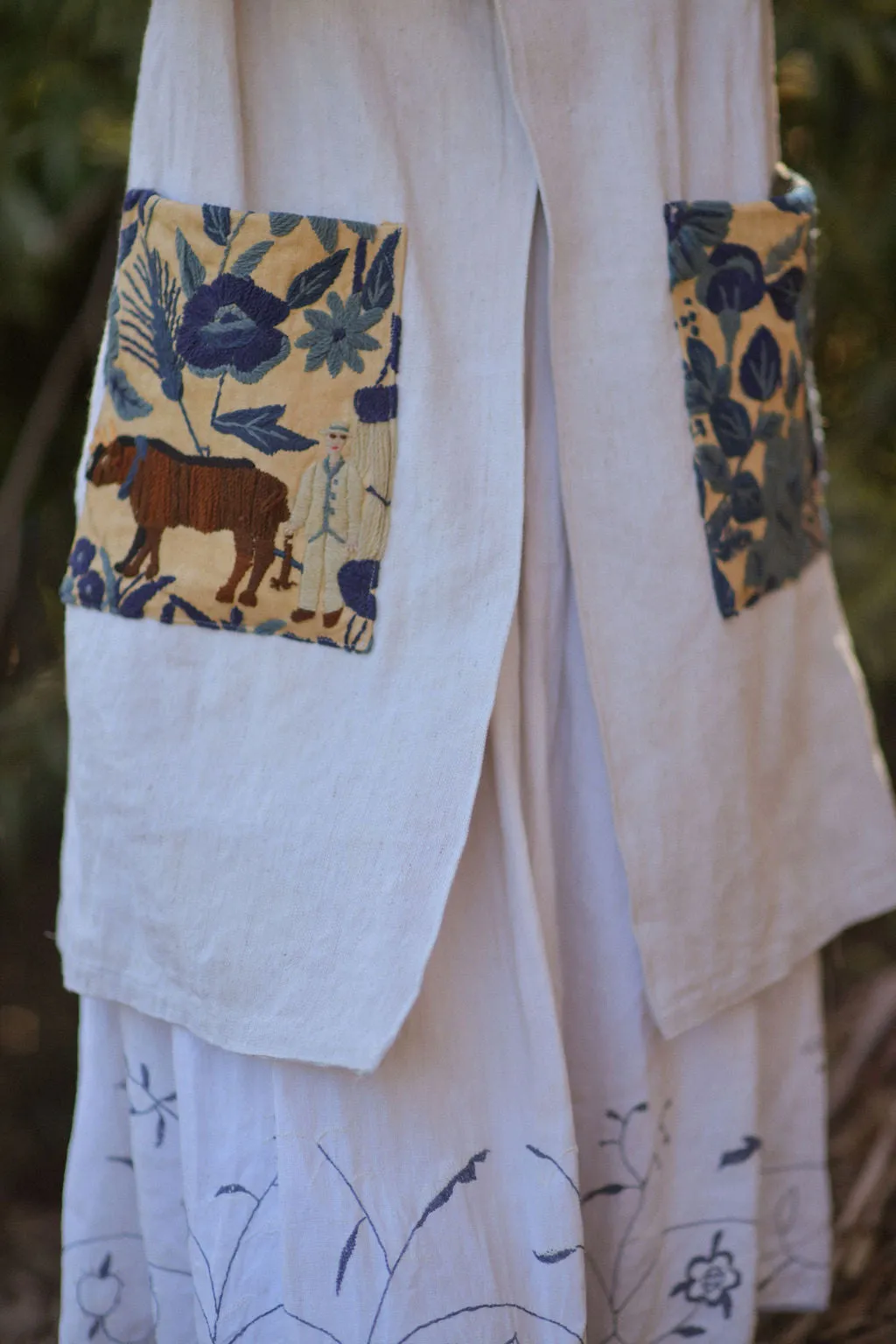 Ecru Embroidered Linen/ Hemp Duster Jacket