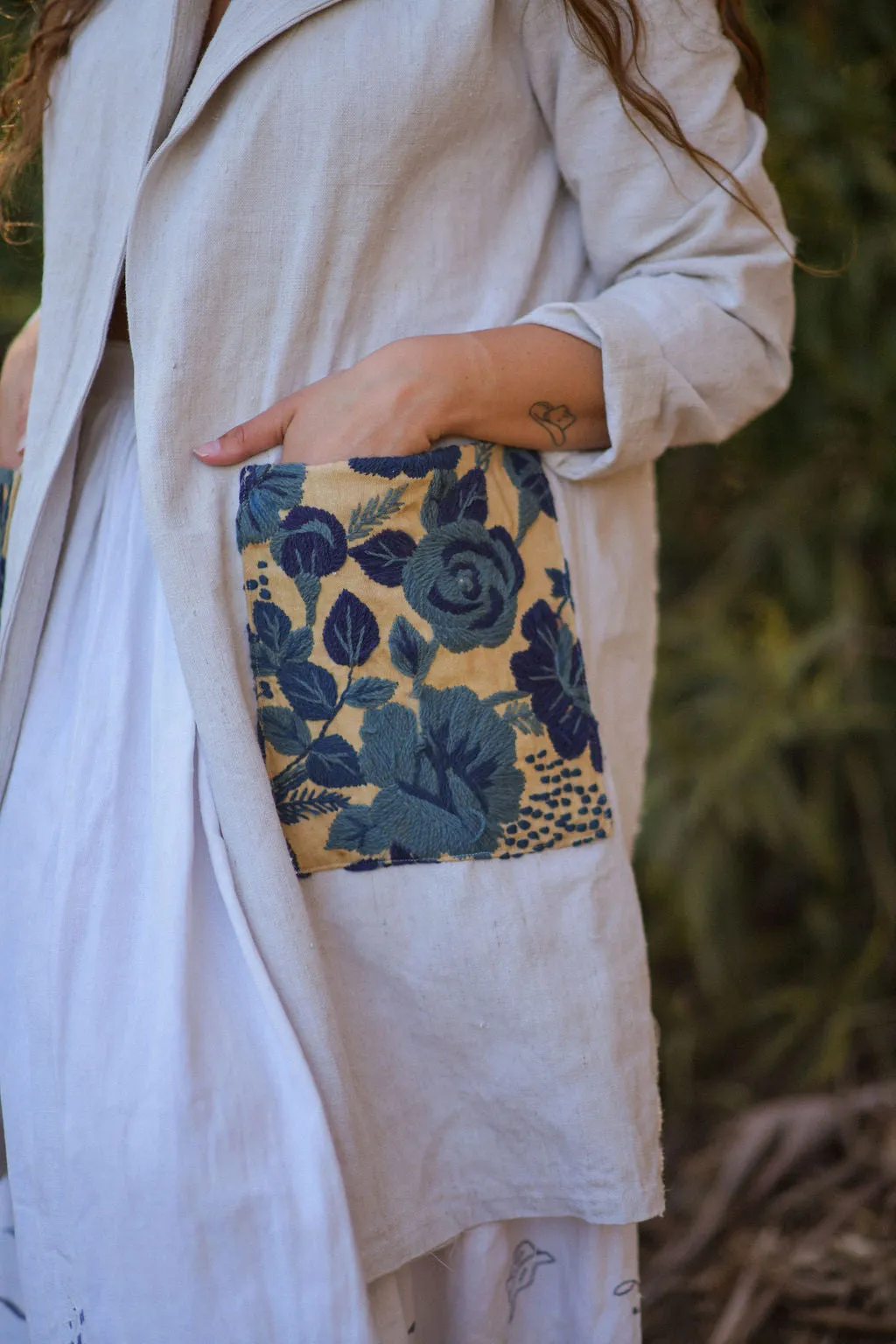 Ecru Embroidered Linen/ Hemp Duster Jacket