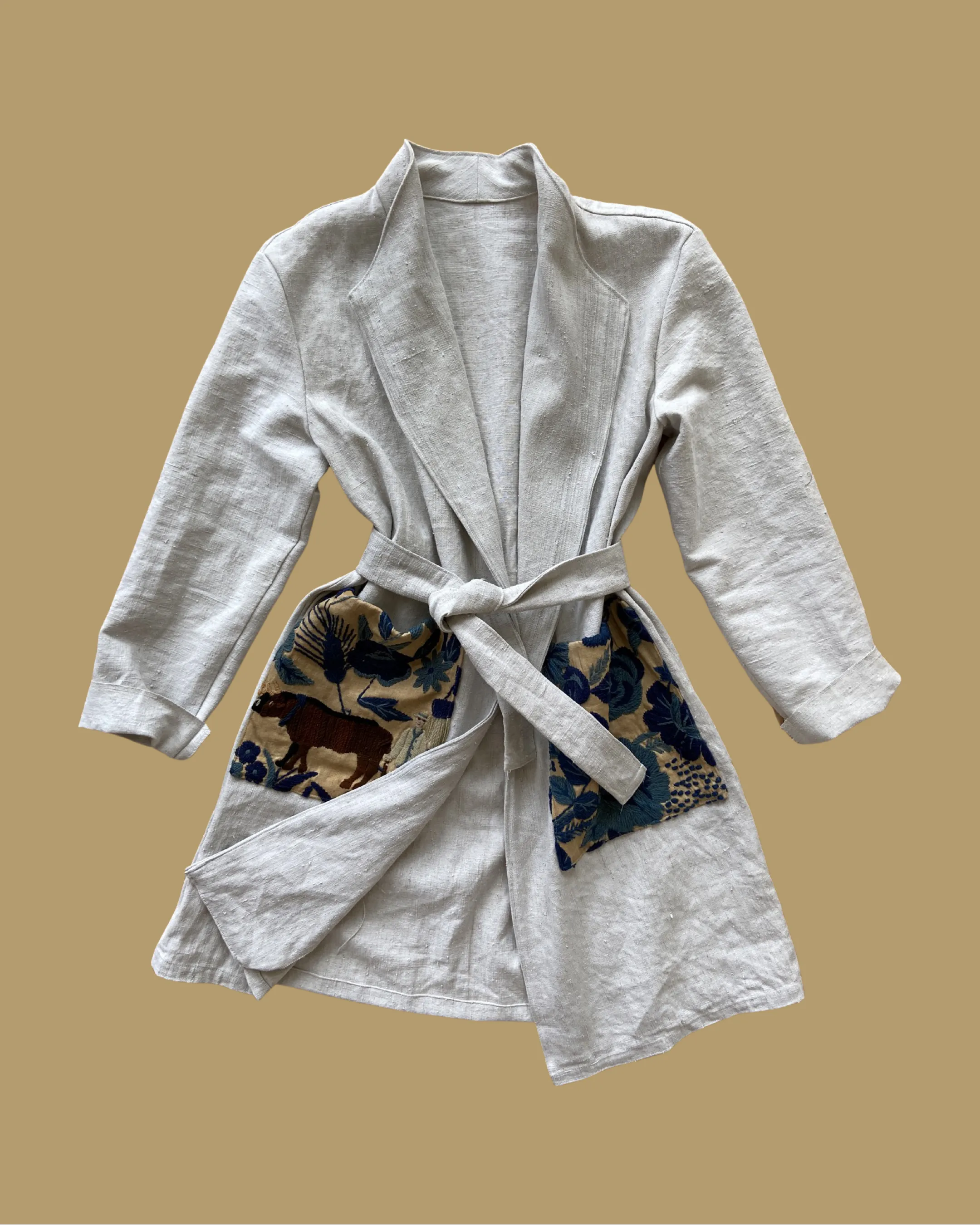 Ecru Embroidered Linen/ Hemp Duster Jacket