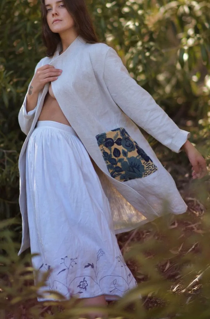 Ecru Embroidered Linen/ Hemp Duster Jacket
