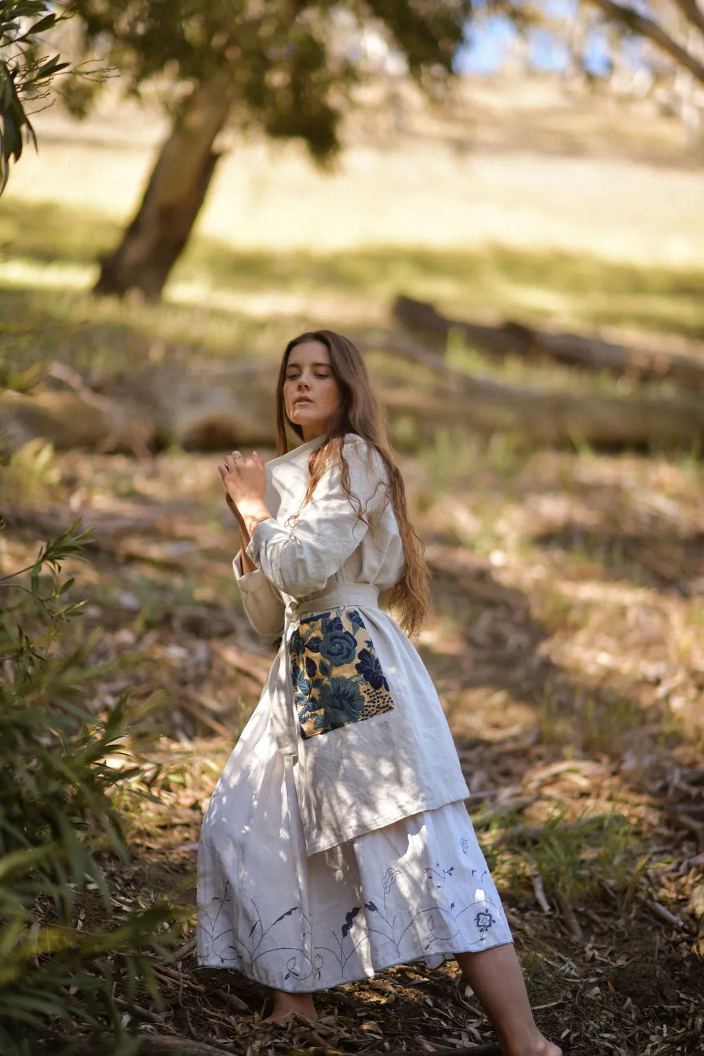Ecru Embroidered Linen/ Hemp Duster Jacket