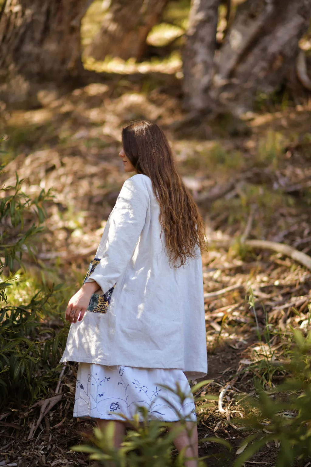 Ecru Embroidered Linen/ Hemp Duster Jacket