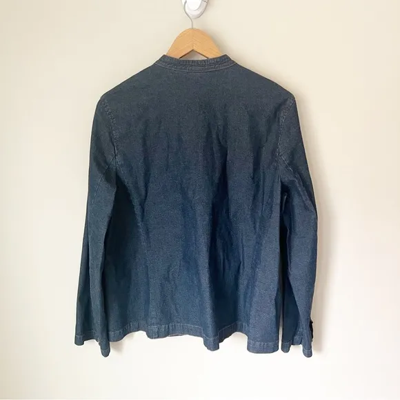 Eileen Fisher Snap Button Stretch Jean Jacket Dark Blue Denim L