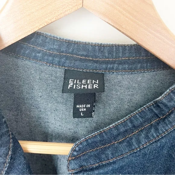 Eileen Fisher Snap Button Stretch Jean Jacket Dark Blue Denim L