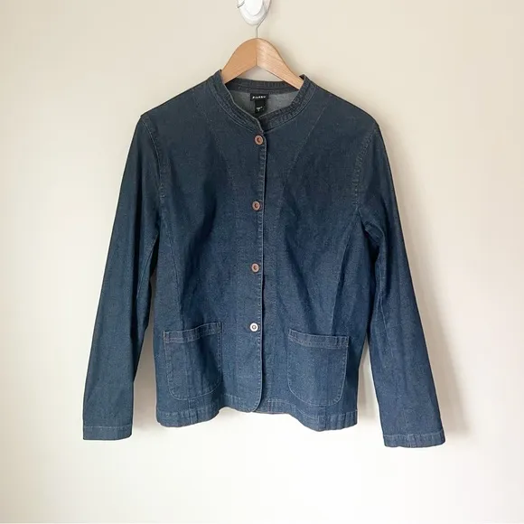 Eileen Fisher Snap Button Stretch Jean Jacket Dark Blue Denim L