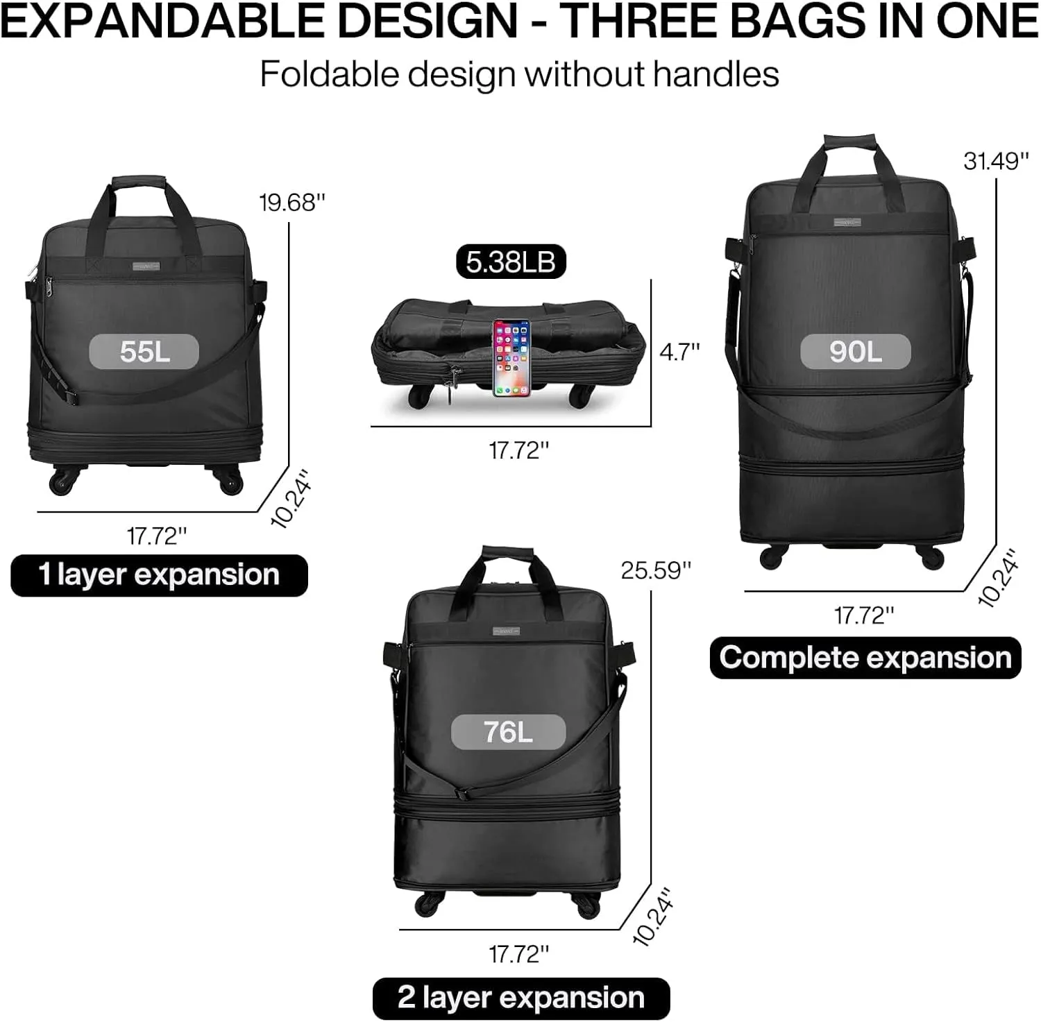 Expandable Foldable Luggage Bag without Telescoping Handle