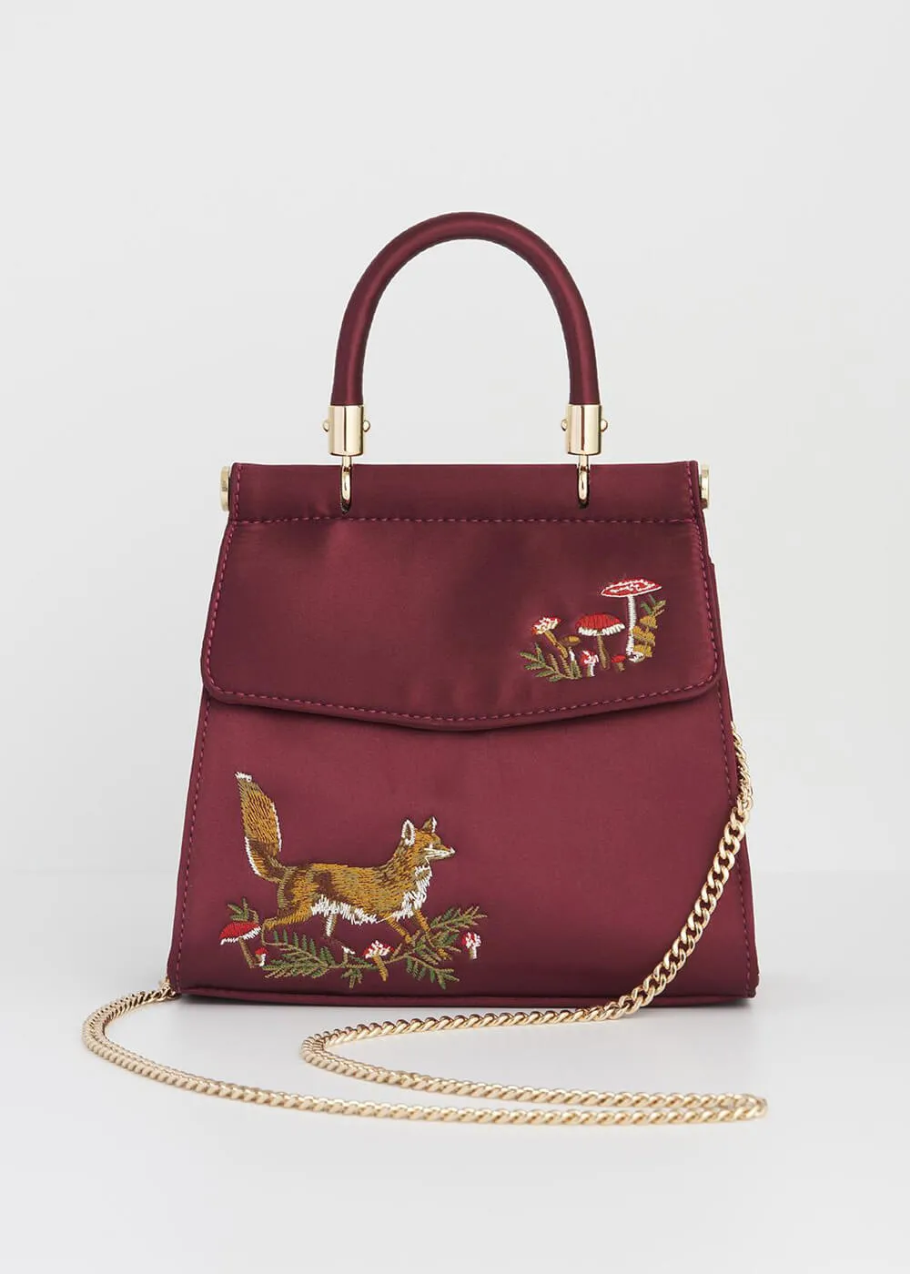 Fable England Fox & Mushroom Satin Bag Burgundy