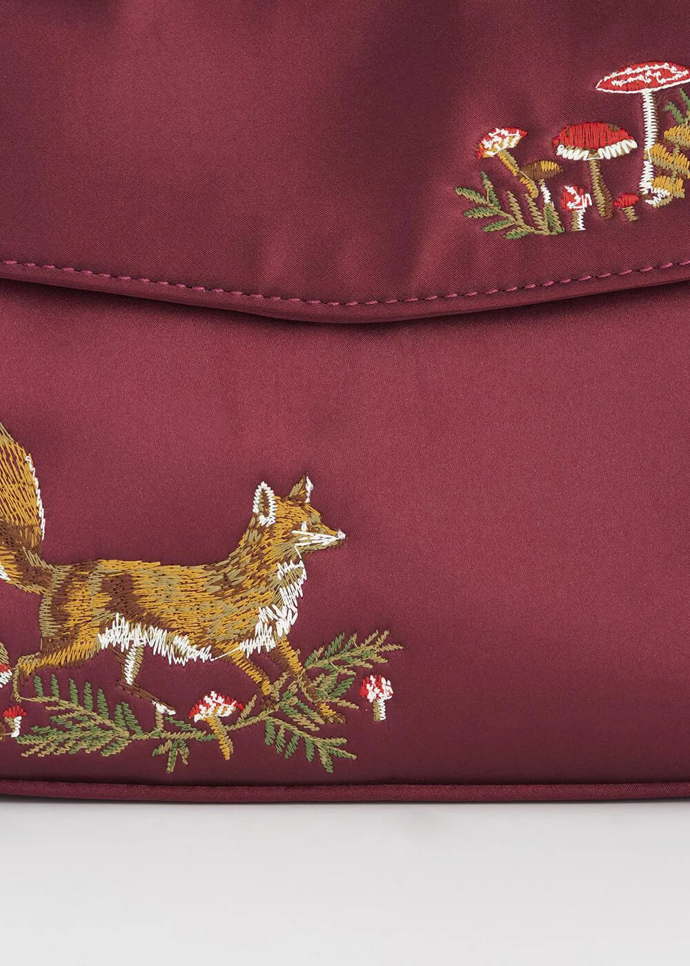 Fable England Fox & Mushroom Satin Bag Burgundy