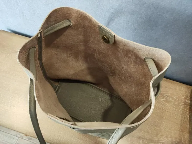 Fashion Womens White Leather Tote Bag Vertical Green Shoulder Tote Bag Bucket Tote For Women