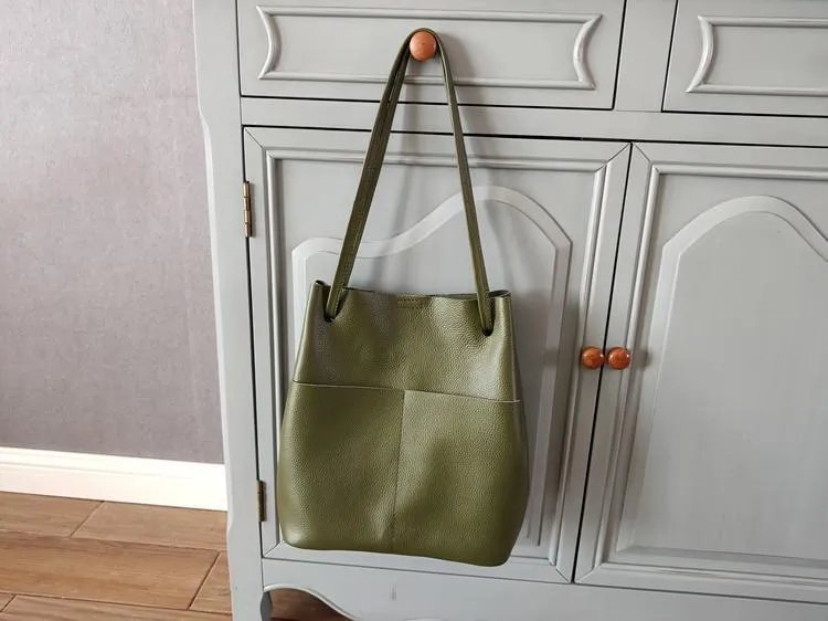 Fashion Womens White Leather Tote Bag Vertical Green Shoulder Tote Bag Bucket Tote For Women