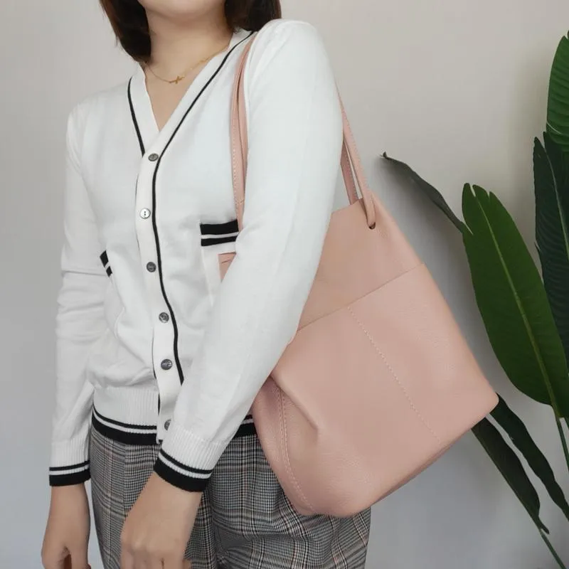 Fashion Womens White Leather Tote Bag Vertical Green Shoulder Tote Bag Bucket Tote For Women