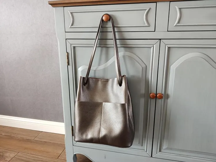 Fashion Womens White Leather Tote Bag Vertical Green Shoulder Tote Bag Bucket Tote For Women