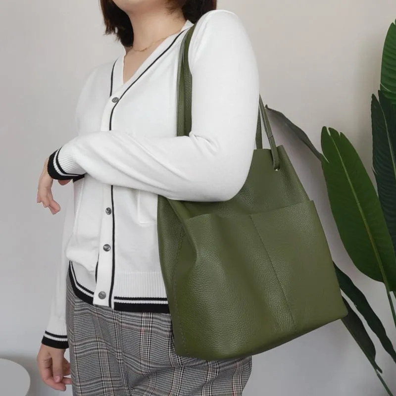 Fashion Womens White Leather Tote Bag Vertical Green Shoulder Tote Bag Bucket Tote For Women