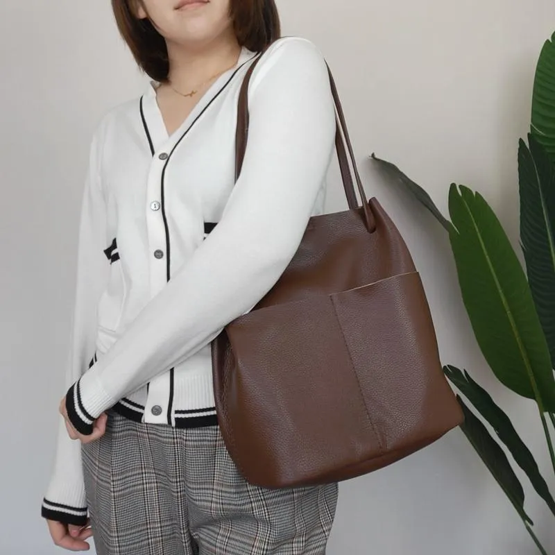 Fashion Womens White Leather Tote Bag Vertical Green Shoulder Tote Bag Bucket Tote For Women