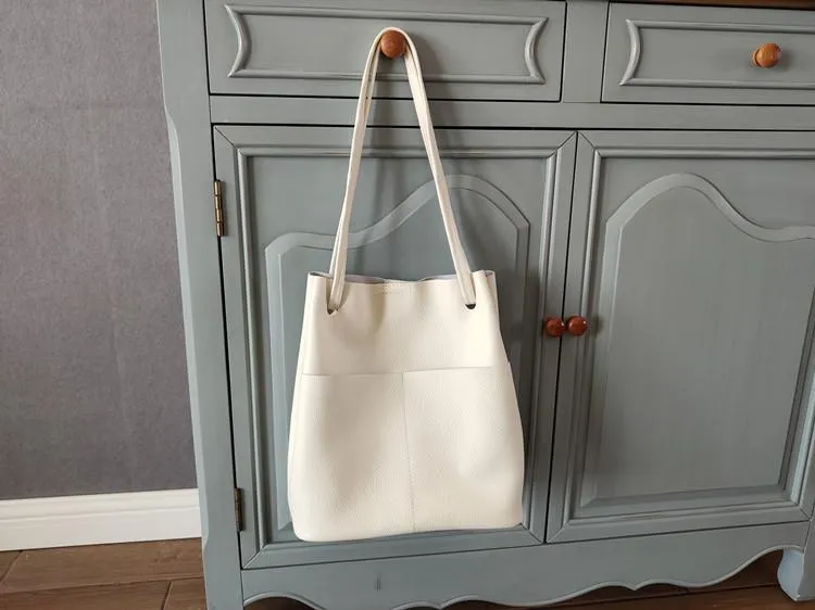 Fashion Womens White Leather Tote Bag Vertical Green Shoulder Tote Bag Bucket Tote For Women