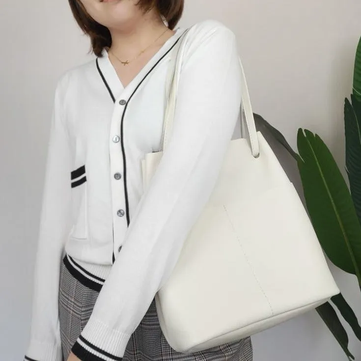 Fashion Womens White Leather Tote Bag Vertical Green Shoulder Tote Bag Bucket Tote For Women