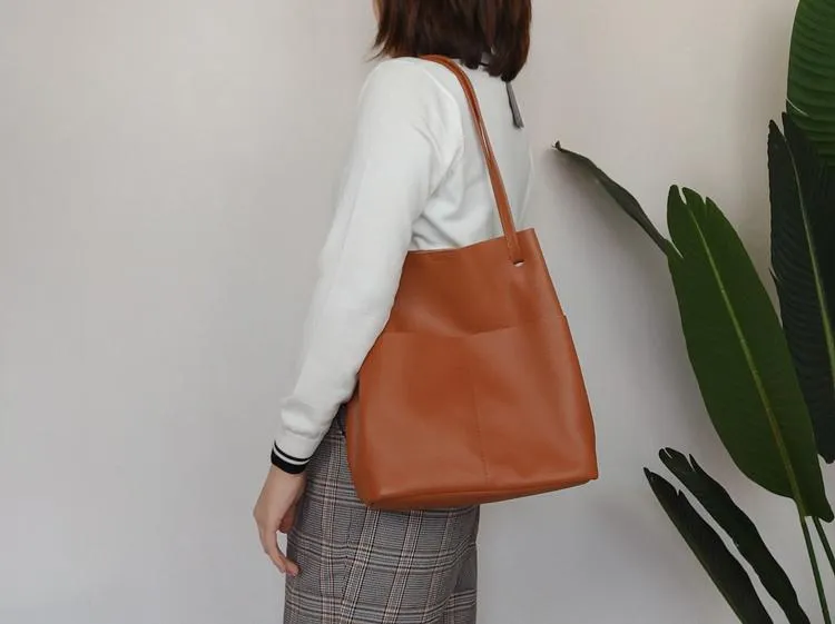 Fashion Womens White Leather Tote Bag Vertical Green Shoulder Tote Bag Bucket Tote For Women