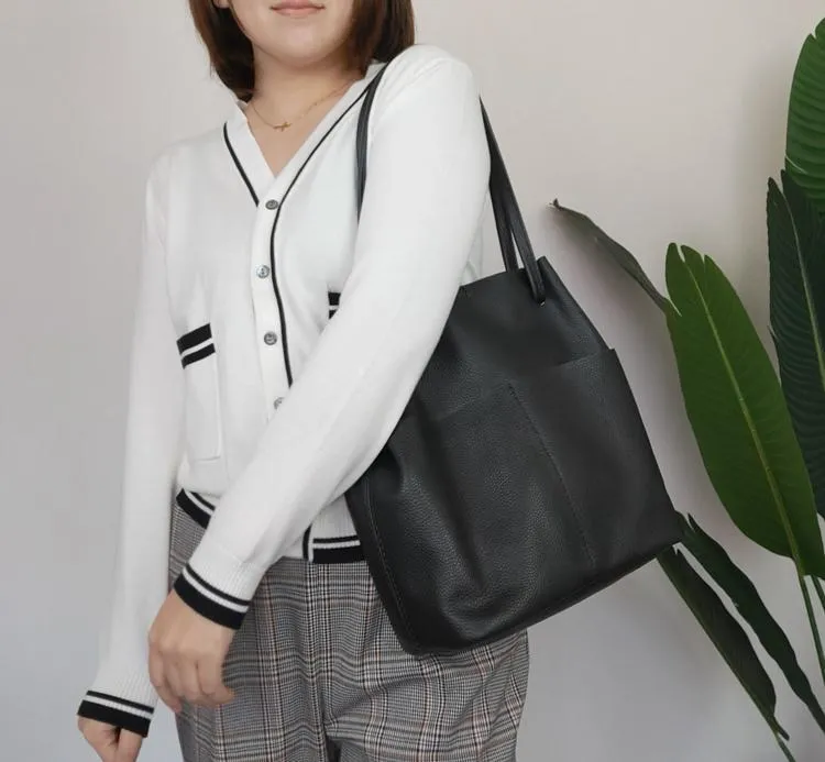 Fashion Womens White Leather Tote Bag Vertical Green Shoulder Tote Bag Bucket Tote For Women