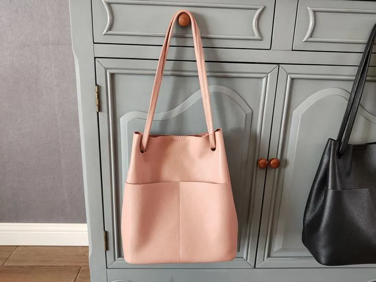 Fashion Womens White Leather Tote Bag Vertical Green Shoulder Tote Bag Bucket Tote For Women