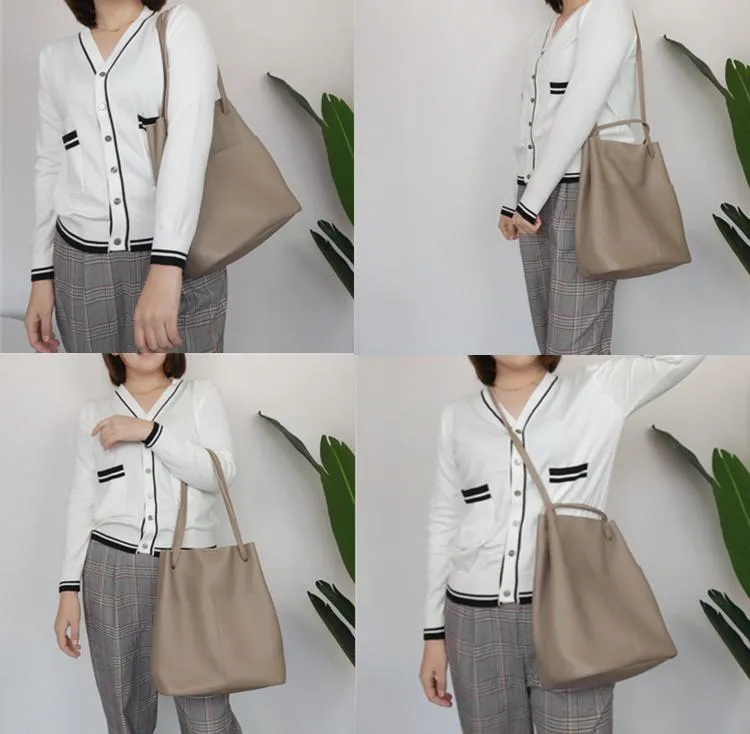 Fashion Womens White Leather Tote Bag Vertical Green Shoulder Tote Bag Bucket Tote For Women