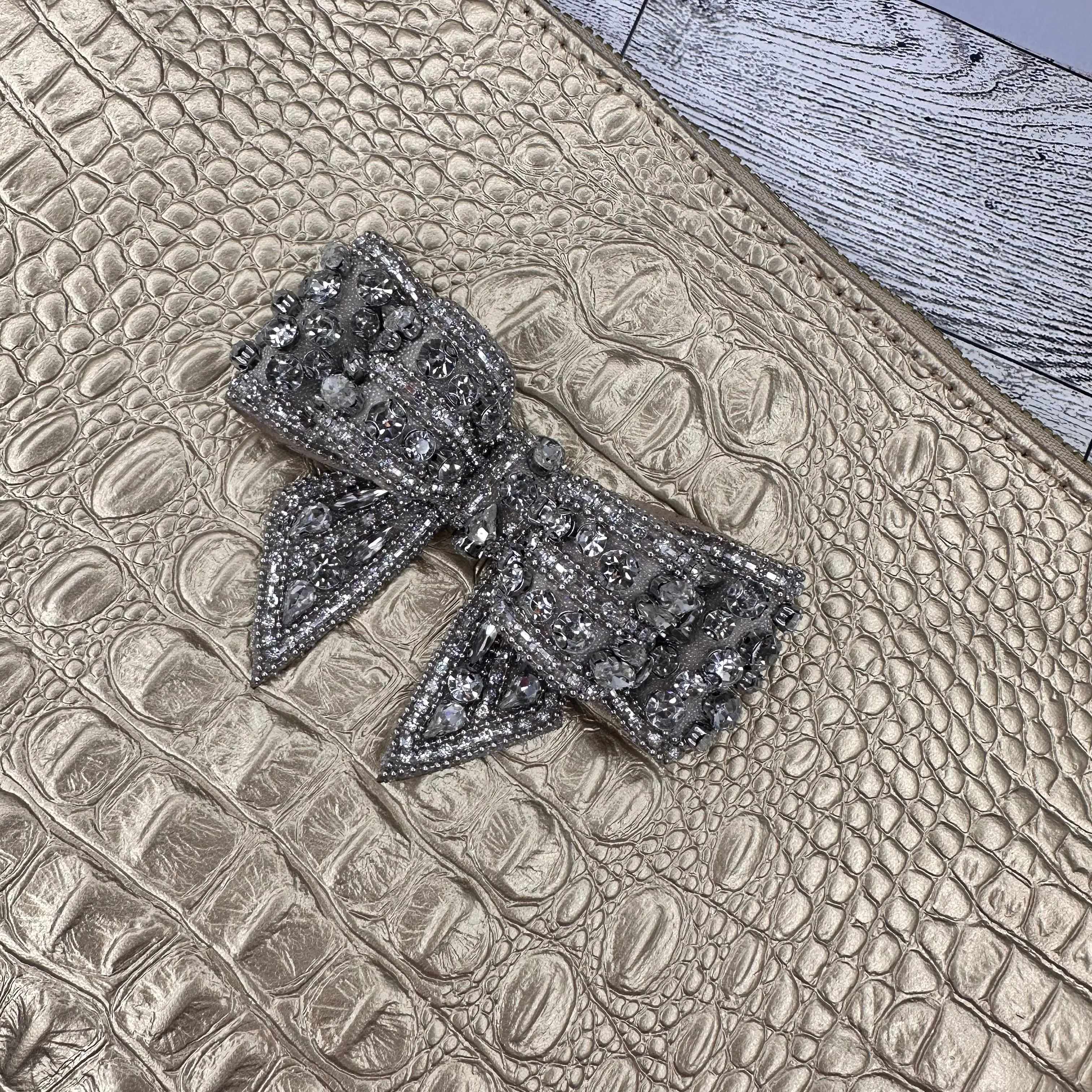 Faux Gold Alligator Clutch with Embellished Bow and Stainless Steel Wristlet Chain | Erika Williner Designs