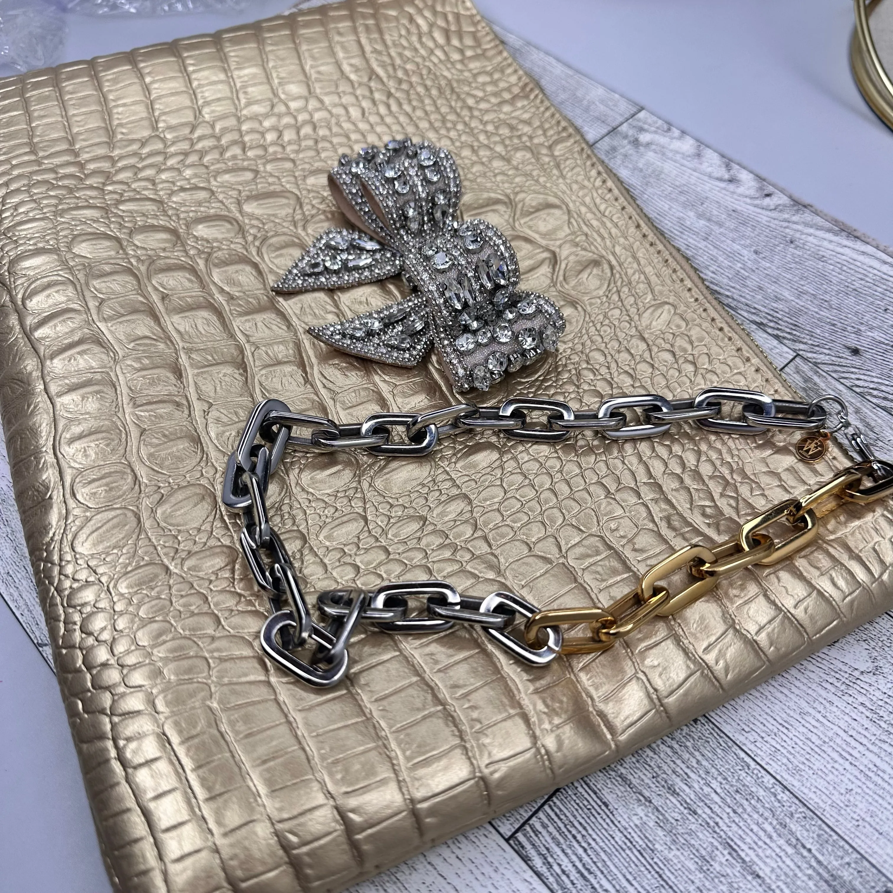 Faux Gold Alligator Clutch with Embellished Bow and Stainless Steel Wristlet Chain | Erika Williner Designs