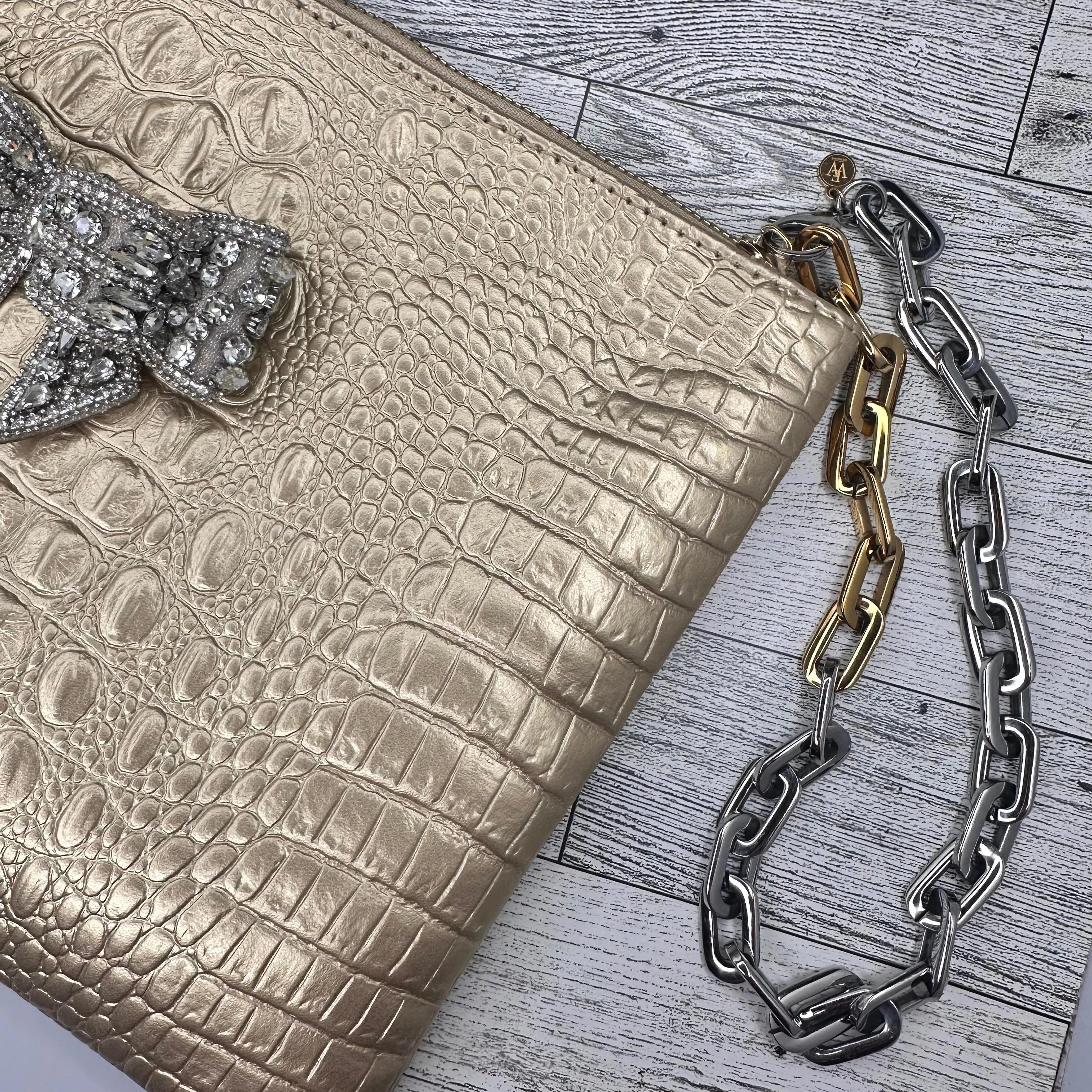 Faux Gold Alligator Clutch with Embellished Bow and Stainless Steel Wristlet Chain | Erika Williner Designs