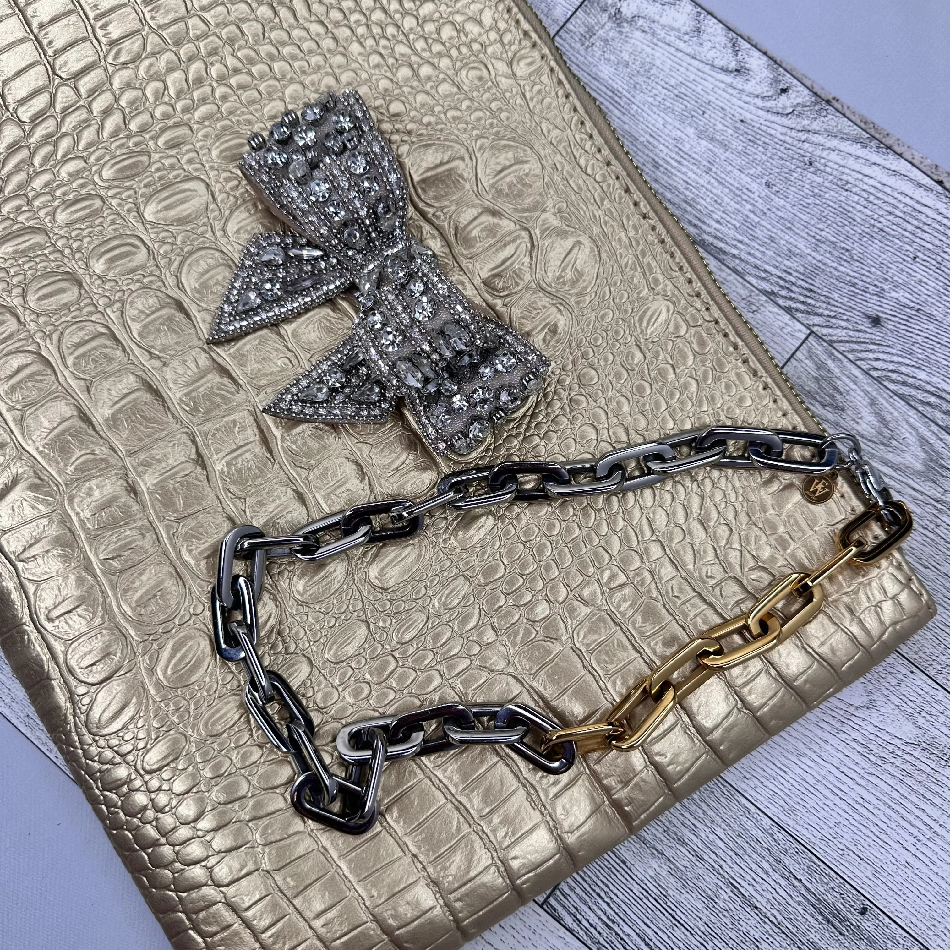 Faux Gold Alligator Clutch with Embellished Bow and Stainless Steel Wristlet Chain | Erika Williner Designs