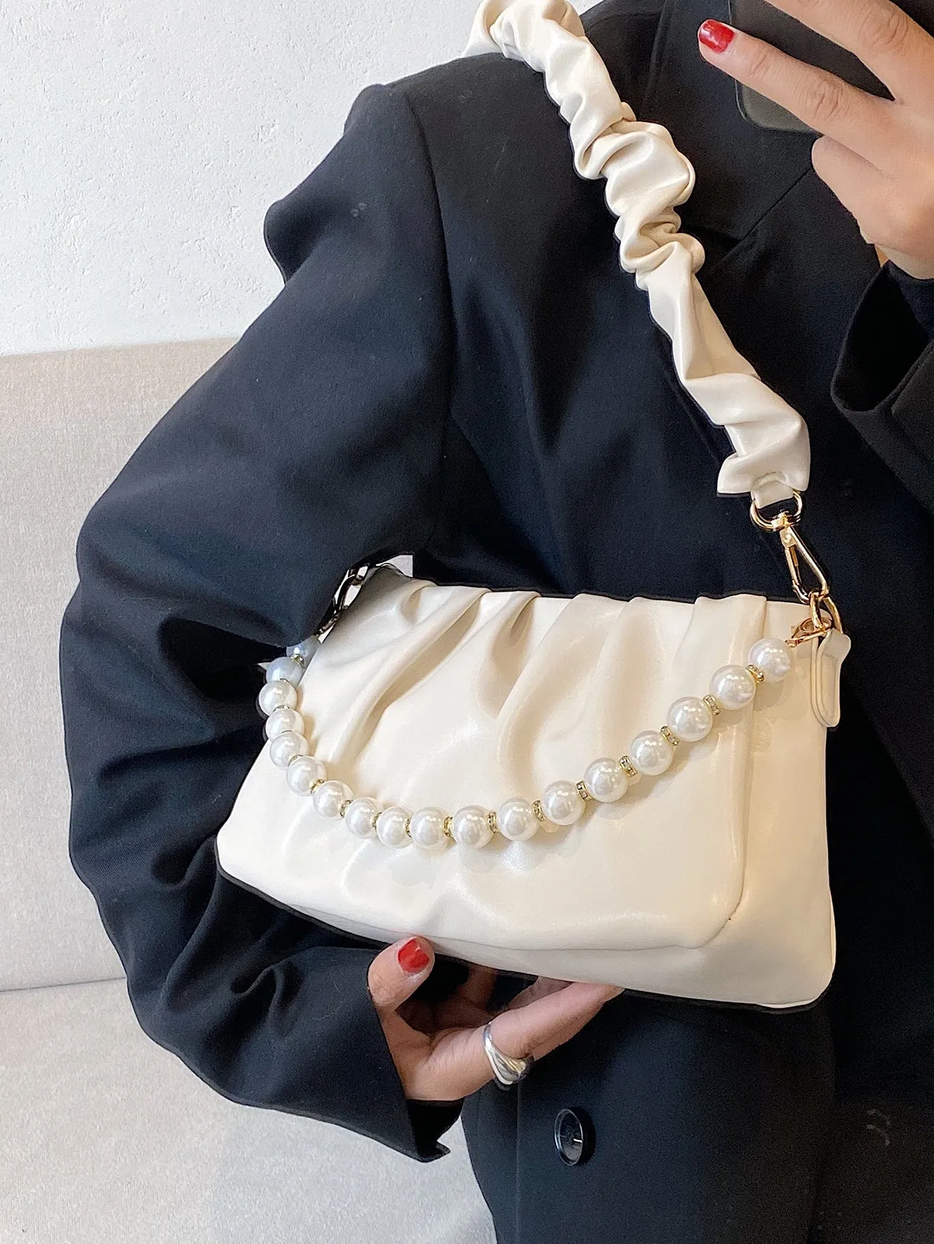 Faux Pearl Decor Ruched Bag - White