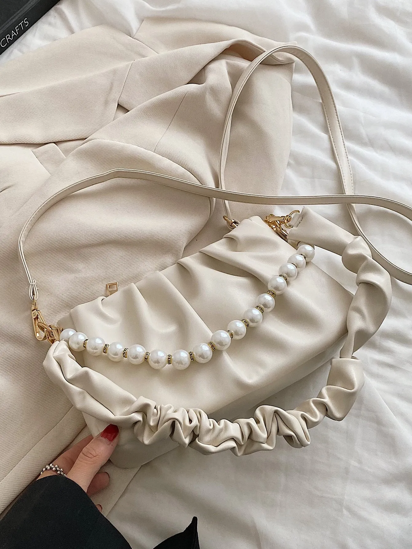Faux Pearl Decor Ruched Bag - White