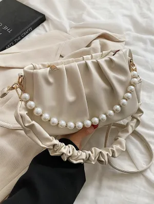 Faux Pearl Decor Ruched Bag - White